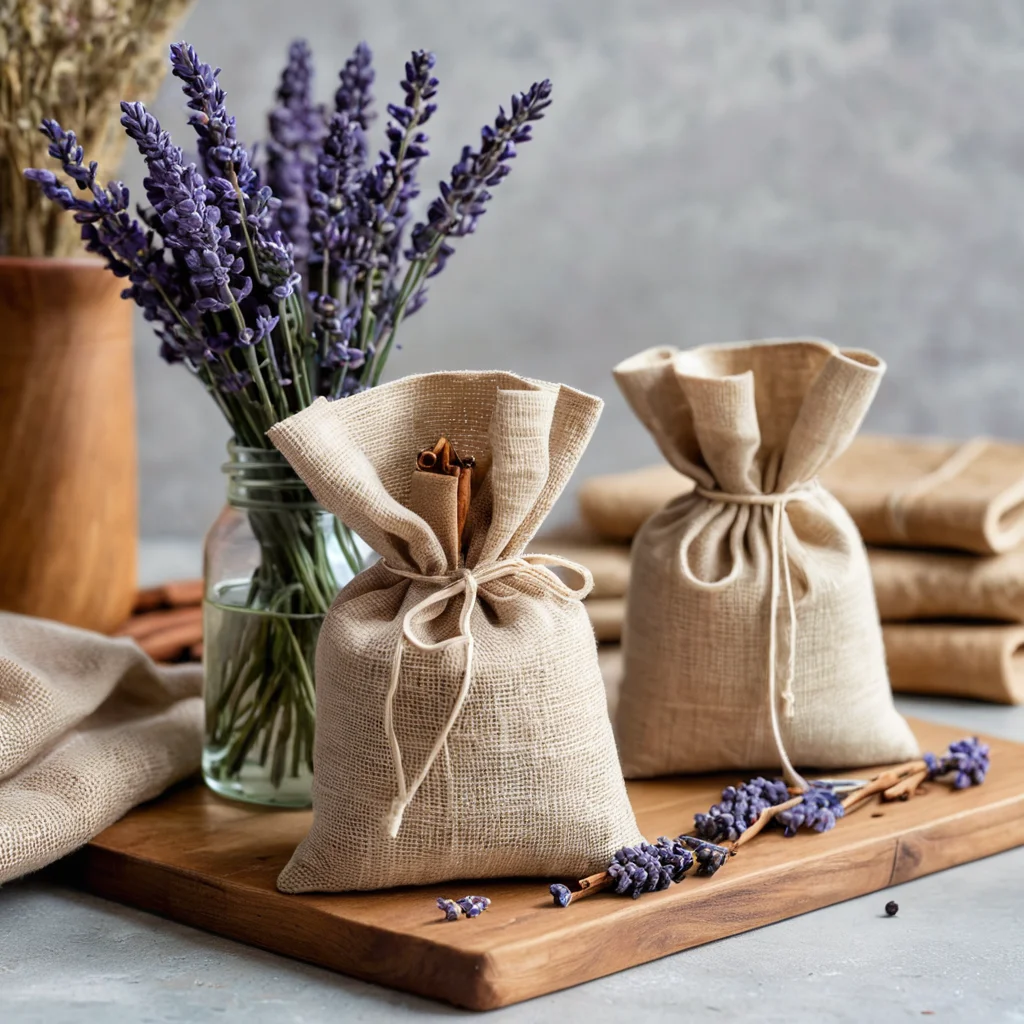 Изысканные ароматические саше, сделанные своими руками, лежат на деревянной поверхности, демонстрируя очарование и доступность бюджетного домашнего декора. Видны натуральные сухоцветы, травы и специи, завернутые в мешочки из льна.