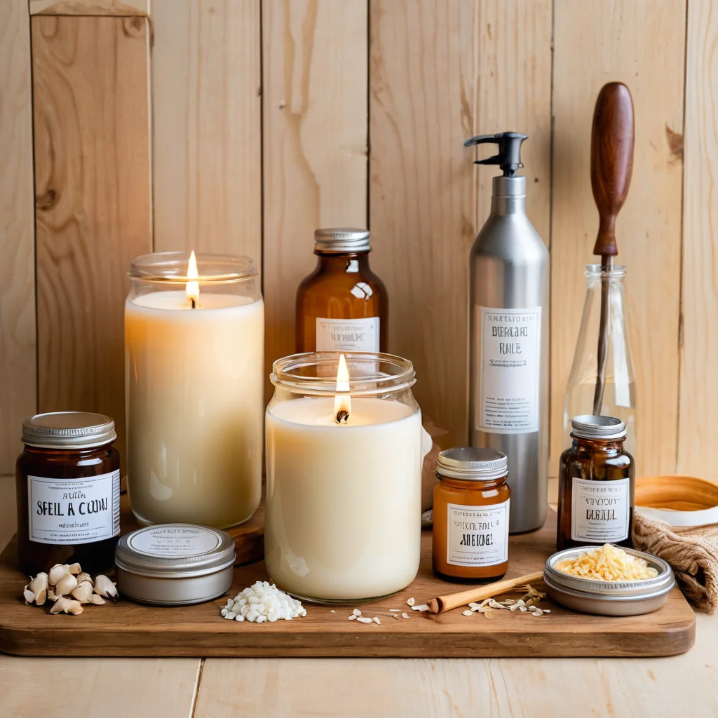 Коллаж или натюрморт с аккуратно разложенными материалами и инструментами для изготовления соевых свечей: соевый воск в хлопьях, фитили, ароматические масла, стеклянные стаканы, питчер для разлива, термометр.
