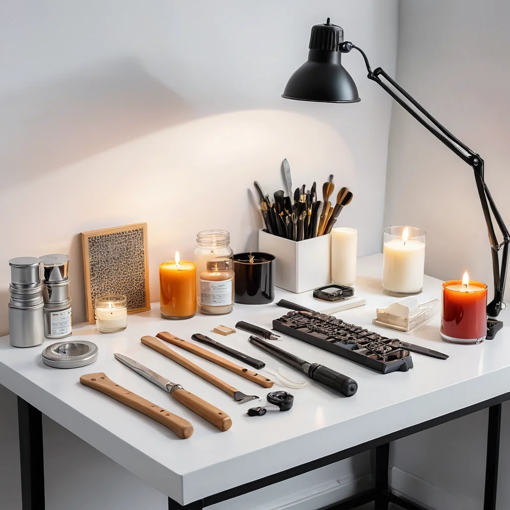 Идеально организованное и чистое рабочее место для создания соевых свечей, с защитным покрытием стола, хорошим освещением и базовыми инструментами, готовое к безопасному творческому процессу.