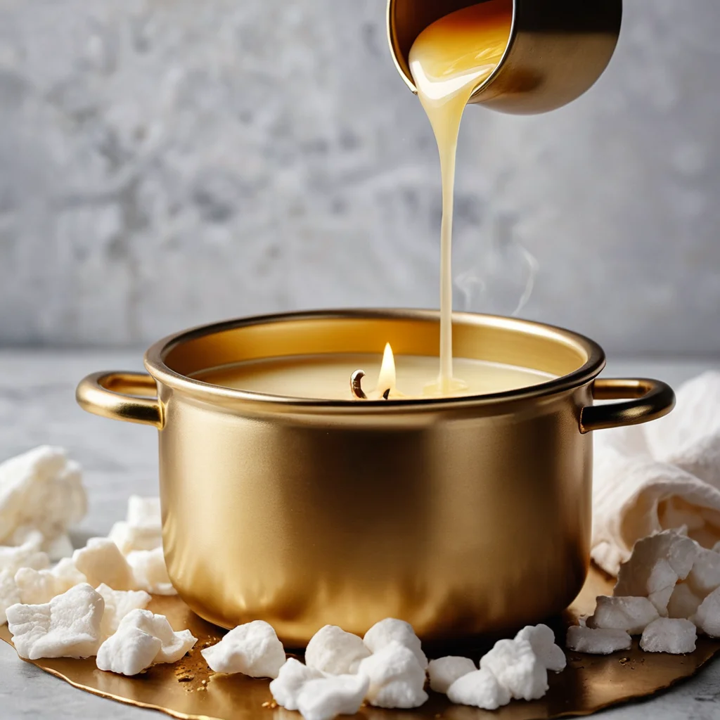 Крупный план процесса подготовки к изготовлению соевых свечей: расплавление соевого воска на водяной бане до жидкого состояния, рядом стоят чистый стеклянный стакан и фитиль с держателем.