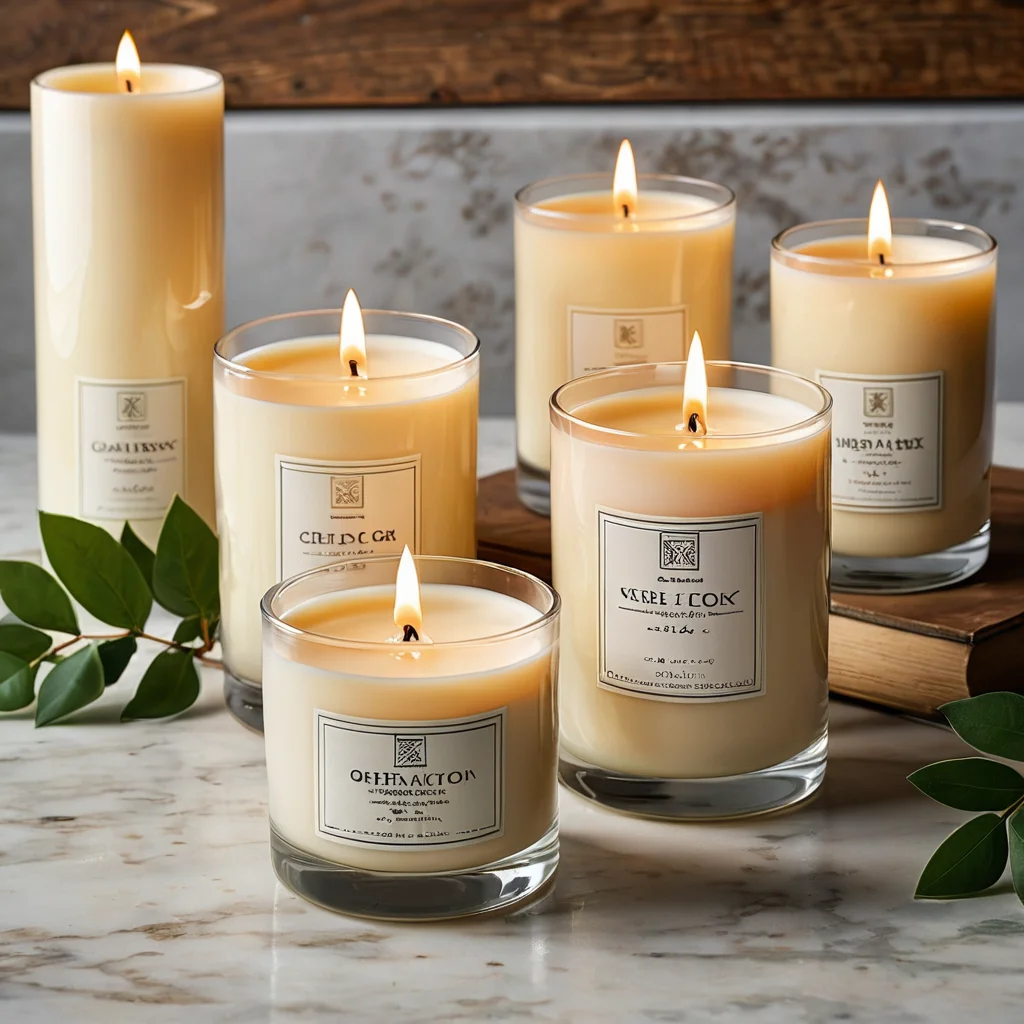 Горящая соевая свеча в стильном интерьере, окруженная декоративными элементами, демонстрирующая правильный уход и вдохновение для создания уникальных ароматических свечей.