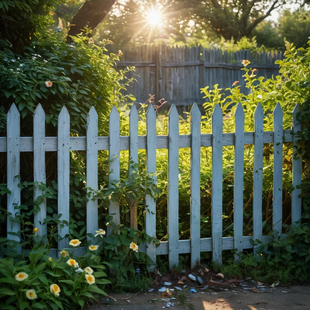 Фотореалистичное изображение неудачного арт-забора с неровными досками, облупившейся краской и несовместимыми материалами, на фоне неухоженного сада, иллюстрирующее частые ошибки при создании.