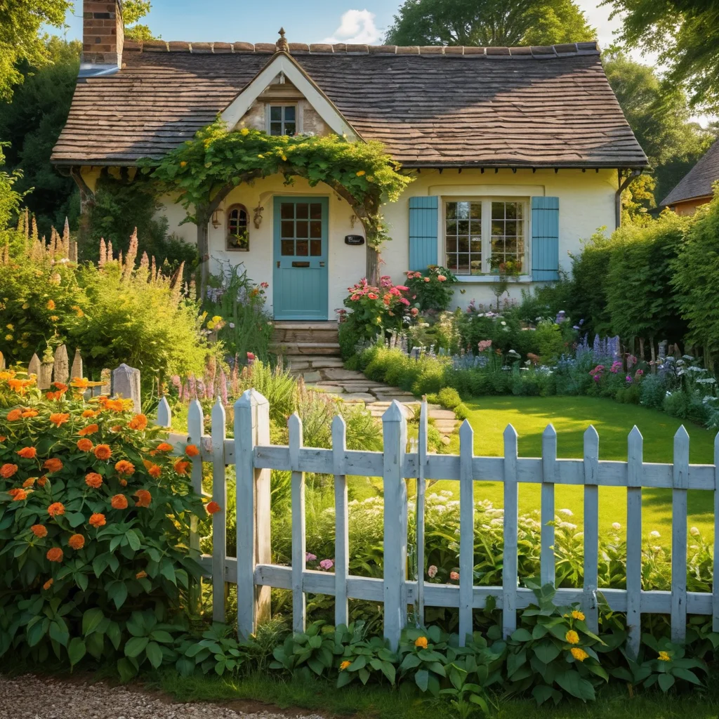 Фотореалистичное изображение уютного загородного сада с арт-забором, украшенным вьющимися растениями и цветами, на фоне живописного коттеджа в солнечный день, создающее ощущение идиллической загородной жизни.