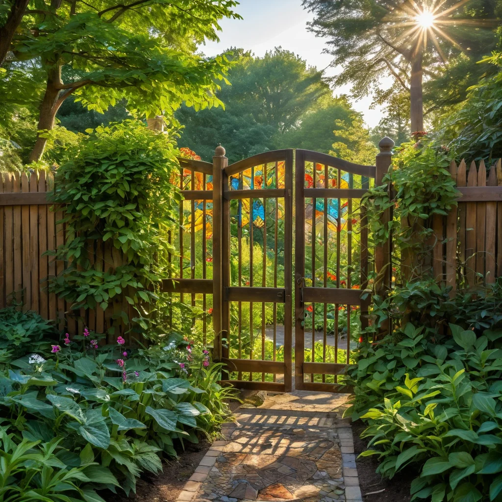 Фотореалистичный крупный план части арт-забора, декорированного яркой росписью, мозаикой и элементами из цветного стекла, через которые пробивается солнечный свет, создавая волшебную атмосферу.