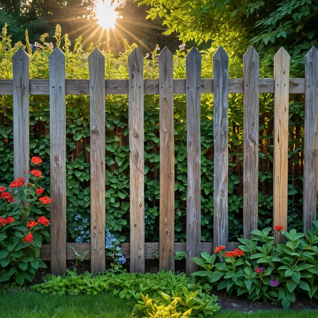 Макрофотография арт-забора, сочетающего текстуру состаренного натурального дерева с яркими вставками из мозаичных камней и декоративными металлическими элементами, под естественным солнечным светом.