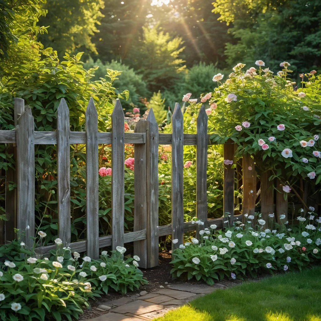Фотореалистичное изображение ухоженного арт-забора с красивой патиной на дереве, защитным покрытием, окруженного цветущими растениями в живописном саду, демонстрирующее долговечность и красоту.