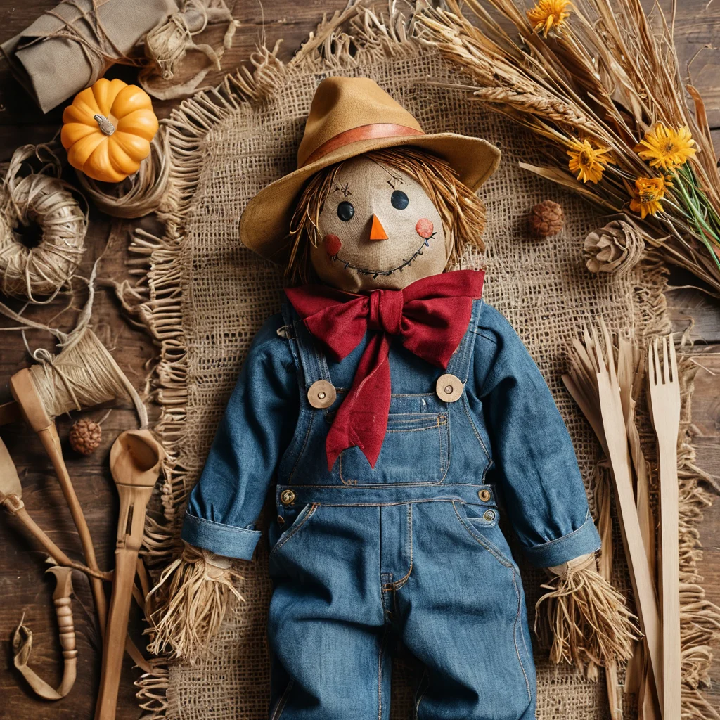 Организованный набор материалов и инструментов для создания чучела: солома, старые джинсы, деревянные колышки, мешковина, разноцветные лоскутки, бечевка и ножницы, разложенные на деревянном столе.