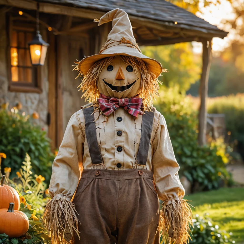 Стильное чучело в шляпе и клетчатой рубашке стоит посреди пышного дачного сада, символизируя как защиту урожая, так и оригинальный арт-объект.