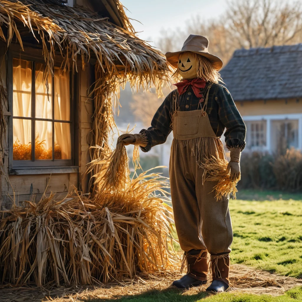 Человек ухаживает за садовым чучелом, заменяя солому и подшивая одежду, что иллюстрирует важность сезонного ухода и мер по обеспечению долговечности чучела на долгие годы.