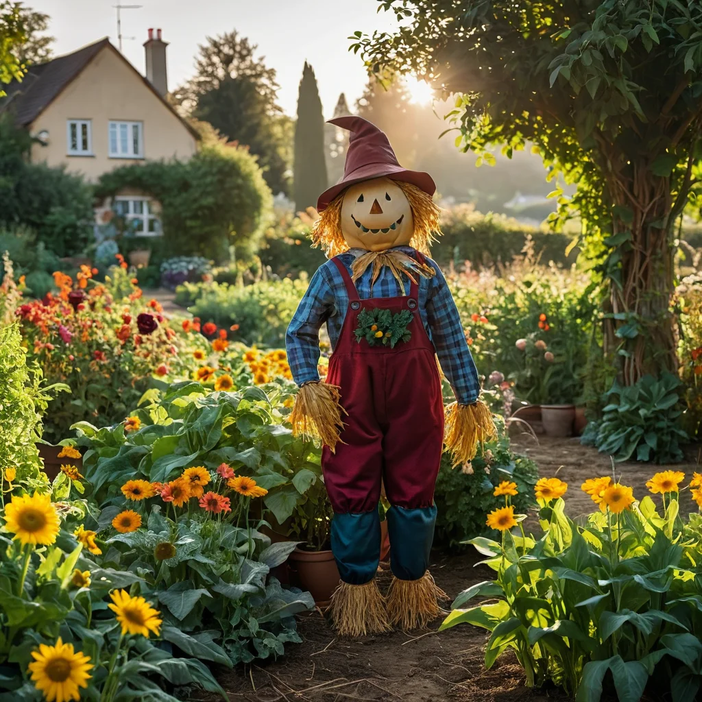 Идеально расположенное чучело в центре пышного огорода, среди сочных томатов и зеленых растений, эффективно защищающее урожай и гармонично вписывающееся в дачный ландшафт.