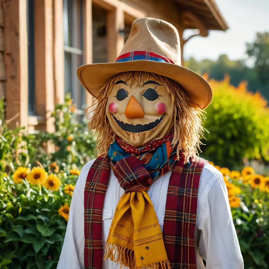 Чучело с выразительным лицом, украшенное ярким шарфом, необычной шляпой и винтажными пуговицами, демонстрирующее, как придать ему индивидуальность и превратить в уникальное украшение сада.