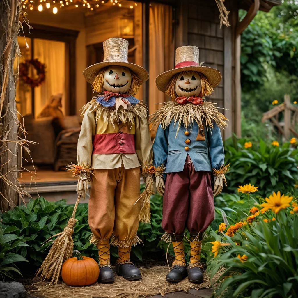 Коллекция садовых чучел, демонстрирующая разнообразие стилей: от традиционного соломенного до современного арт-объекта, идеально подходящих для украшения дачного участка.