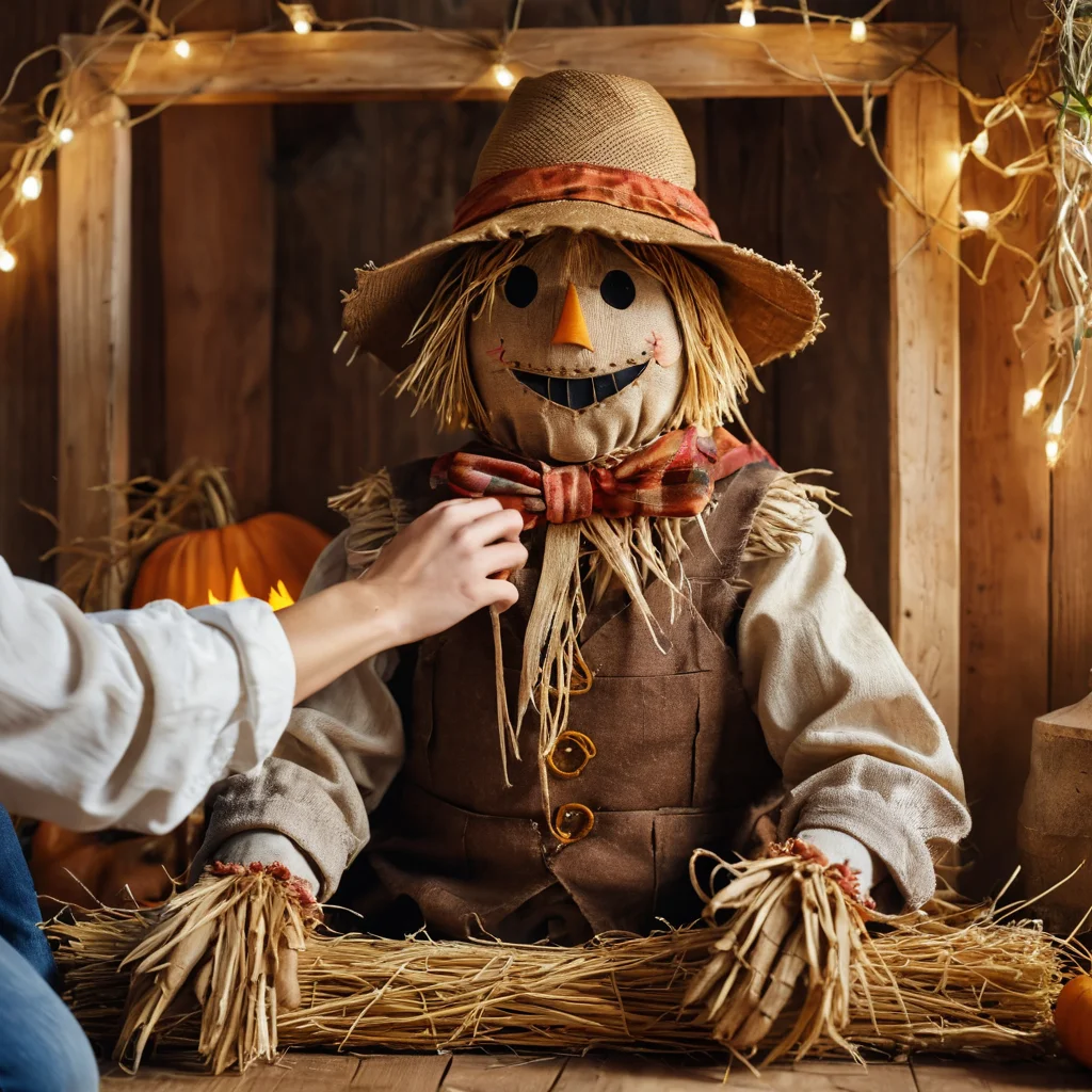 Крупный план рук, наполняющих старую одежду соломой для создания чучела, демонстрирующий ключевой шаг пошаговой инструкции по изготовлению садового чучела своими руками.