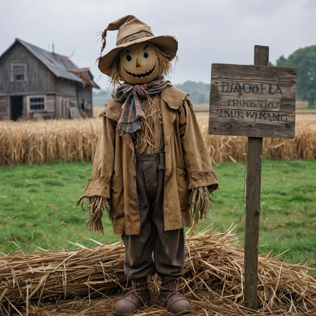 Немного потрёпанное чучело с выцветшей одеждой и наклоненным каркасом, демонстрирующее типичные ошибки в создании и уходе за садовым чучелом, такие как плохая фиксация и недостаточная защита от погодных условий.