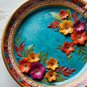 Изящно декорированная тарелка из папье-маше с ярким художественным оформлением, демонстрирующая различные техники росписи и креативный подход к созданию уникального дизайна.