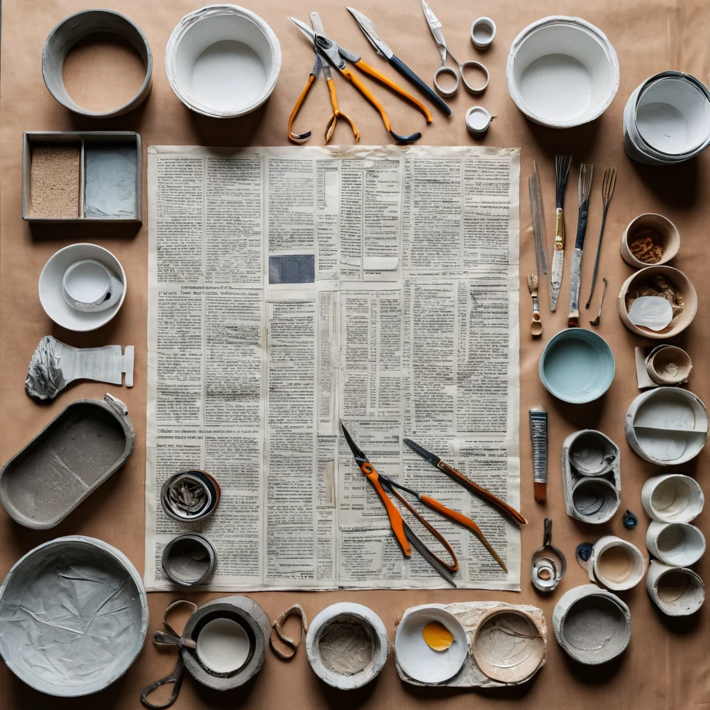 Набор материалов и инструментов для создания тарелки в технике папье-маше: полоски газет, клей ПВА, миска-форма, кисти, ножницы, краски, аккуратно разложенные на столе мастера.