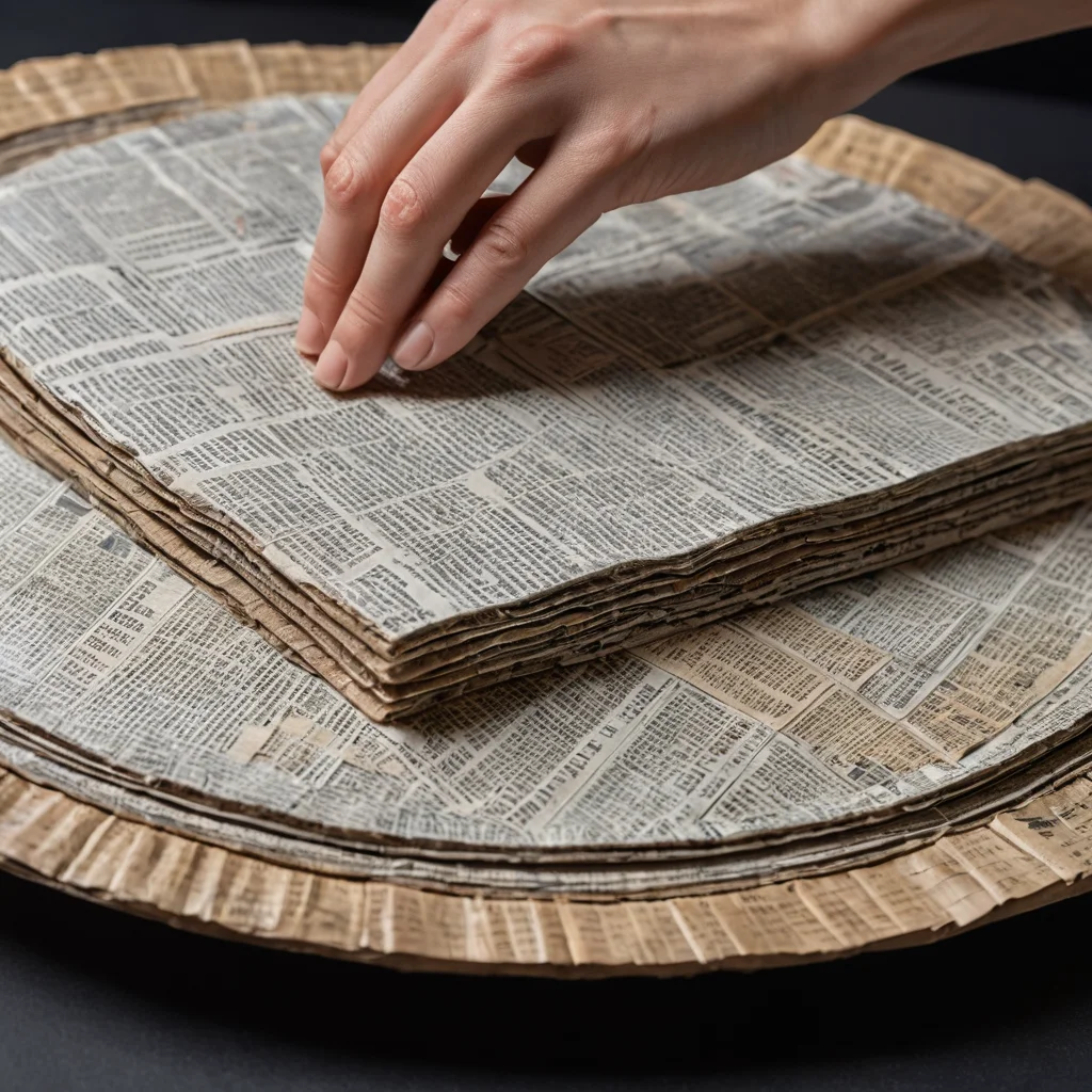 Крупный план процесса формирования основы декоративной тарелки из папье-маше: первые слои влажных газетных полосок аккуратно наносятся на форму, создавая гладкую поверхность.