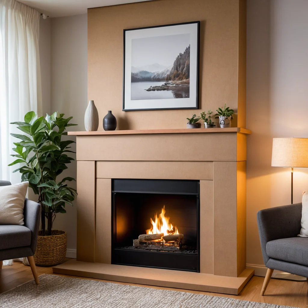 Изысканный декоративный камин, выполненный из картонных коробок, органично вписанный в уютный интерьер гостиной, демонстрирующий, почему картон является идеальным выбором для бюджетного и стильного домашнего декора.