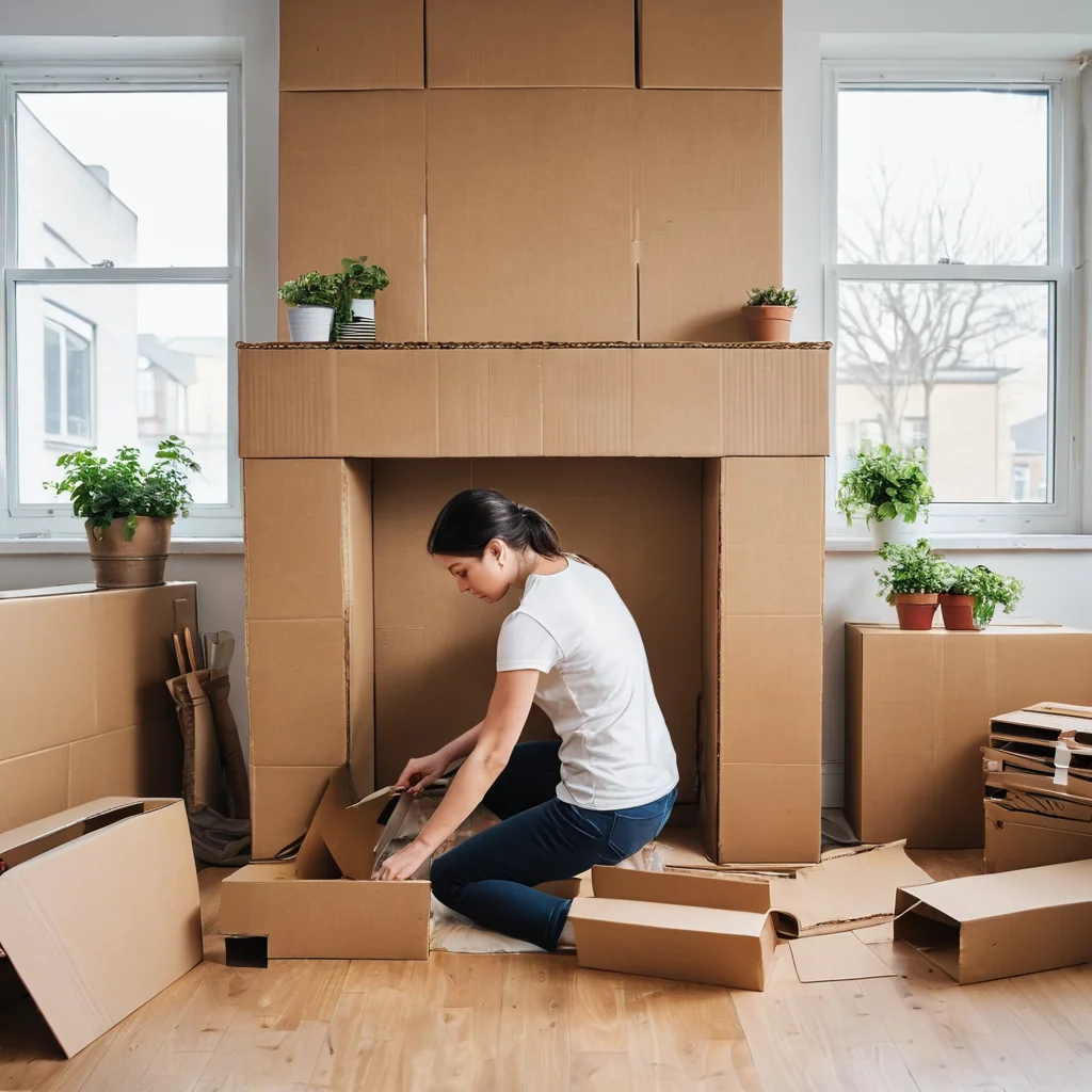 Крупный план рук, аккуратно склеивающих детали из картонных коробок, в процессе создания каркаса декоративного камина, демонстрирующий ключевой этап пошагового мастер-класса по DIY-проекту.