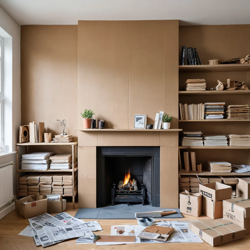 Аккуратно разложенные материалы для создания декоративного камина своими руками: стопка картонных коробок различных размеров, клеевой пистолет, макетный нож, линейка, карандаш — все, что понадобится для бюджетного DIY-проекта.