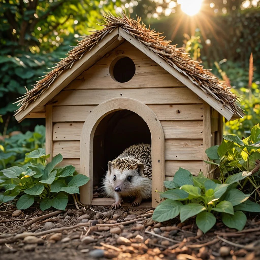 Натуральные и безопасные материалы для строительства ежиного домика: необработанное дерево, солома, сухие листья, подчеркивающие экологичность и безопасность конструкции.