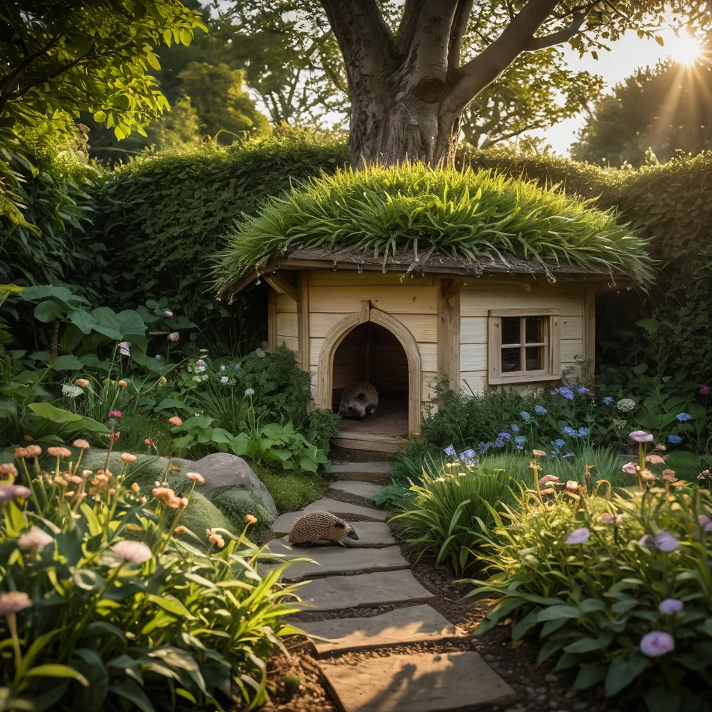 Идеальное расположение ежиного домика: укромный уголок сада под раскидистым кустом, защищенный от непогоды и обеспечивающий безопасное убежище для ежика.