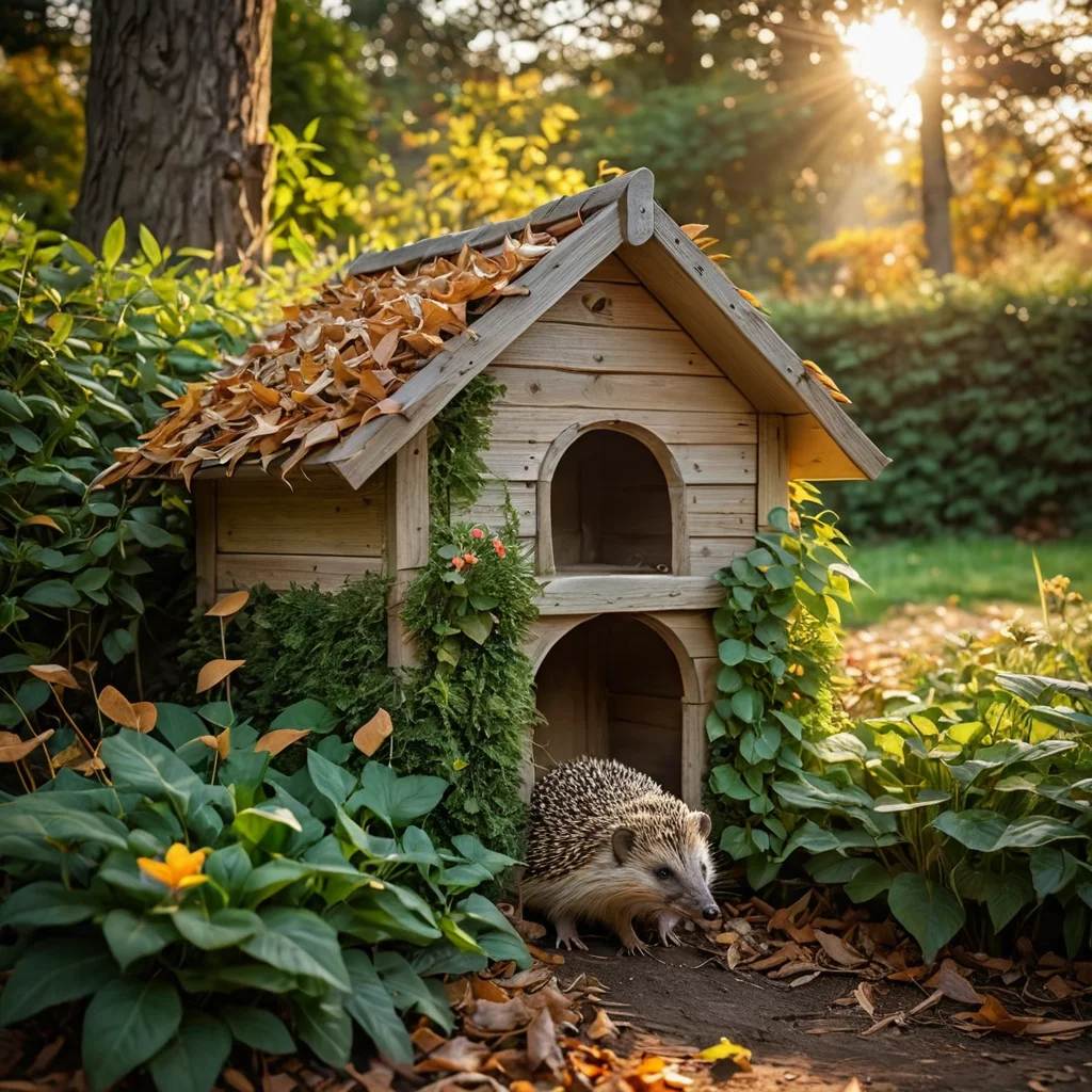 Уютный ежиный домик, органично вписанный в пышный сад, символизирующий пользу для природы и сада, с дружелюбным ежиком поблизости.
