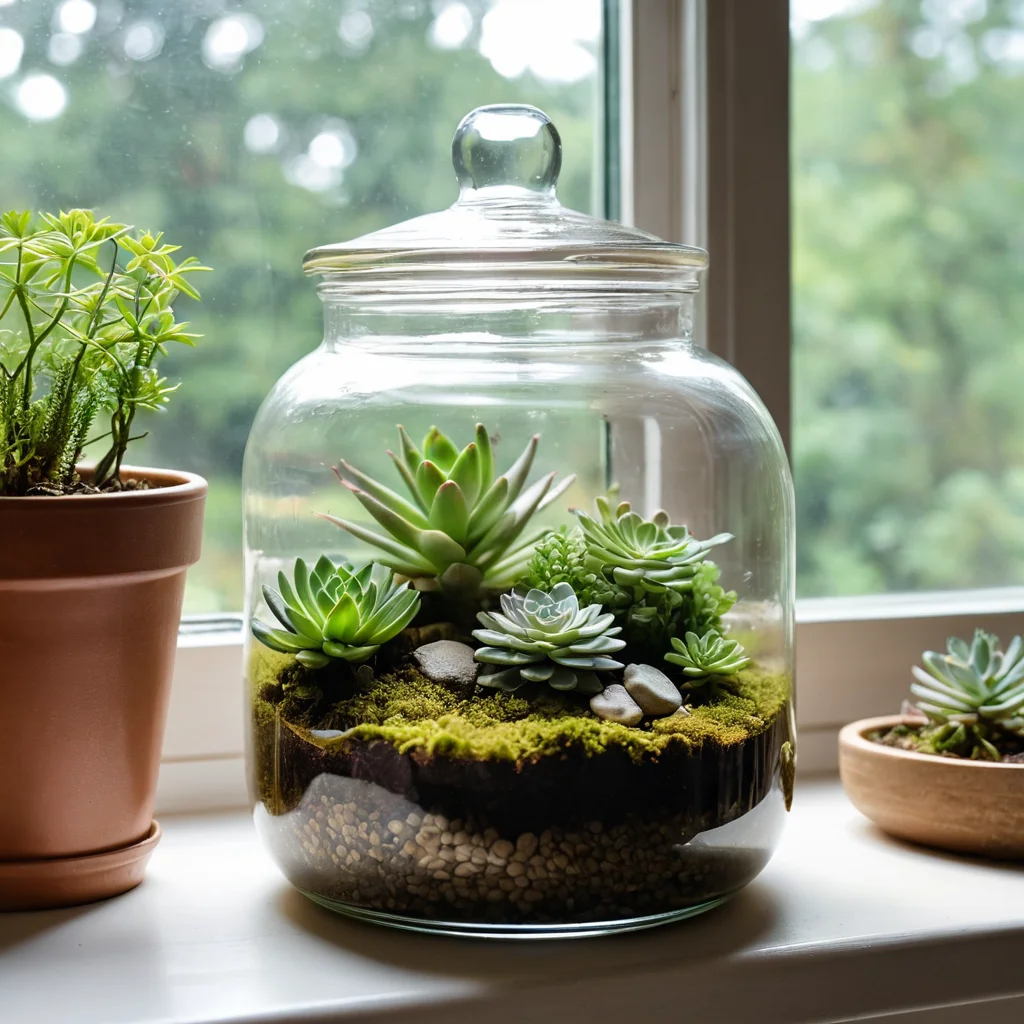 Супер-бюджетный флорариум в старой банке из переработанных материалов, с мхом, собранным на улице, и небольшими суккулентами, демонстрирующий лайфхаки для максимальной экономии и долголетия DIY-декора.