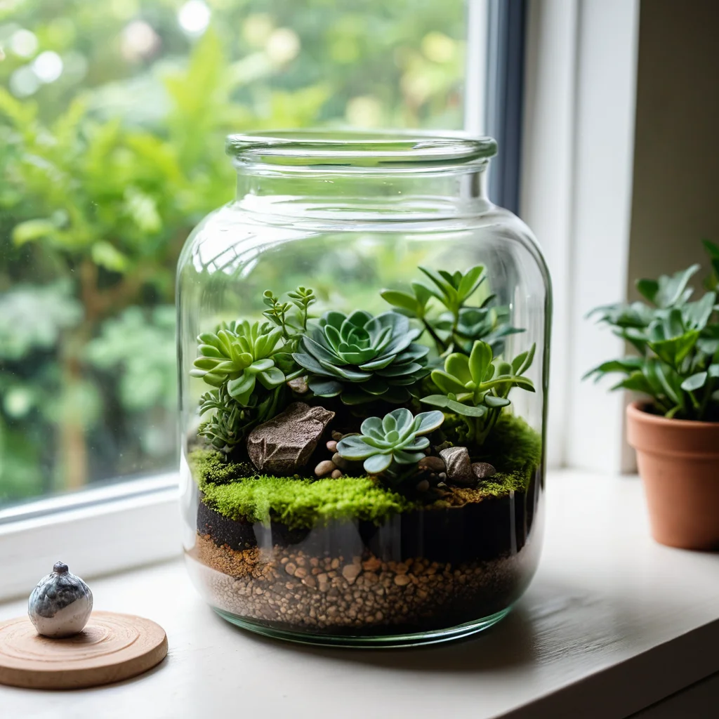 Сравнительная композиция: изящный флорариум в старой банке, сделанный своими руками, демонстрирует экономию рядом с дорогим покупным аналогом, подчеркивая выгоду бюджетного DIY-декора для дома.