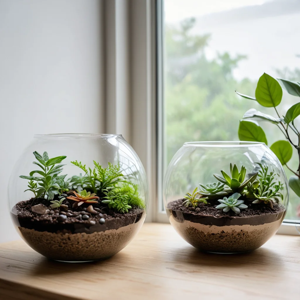 Два флорариума в банках: один пышный и здоровый, другой с признаками частых ошибок новичков – запотевшее стекло, увядающее растение, переувлажненная почва, подчеркивая важность правильного ухода.