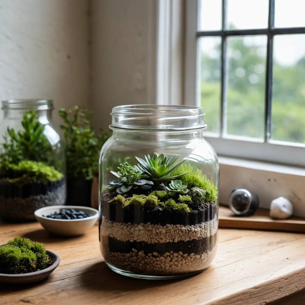 Ингредиенты для флорариума своими руками: на деревянном столе разложены старая стеклянная банка, мелкие камни, грунт, мох, суккуленты и миниатюрные садовые инструменты, все для создания бюджетного декора.