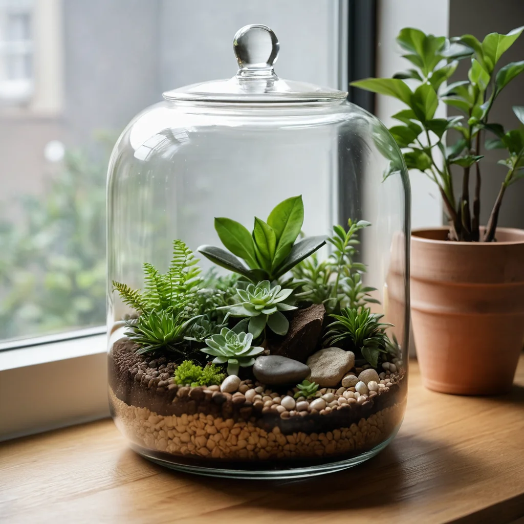Стильный флорариум в стеклянной банке, выглядящий как дорогой элемент декора, с аккуратно подобранными растениями и декоративными камнями, демонстрирует, как создать шедевр, избегая вида дешевой поделки.