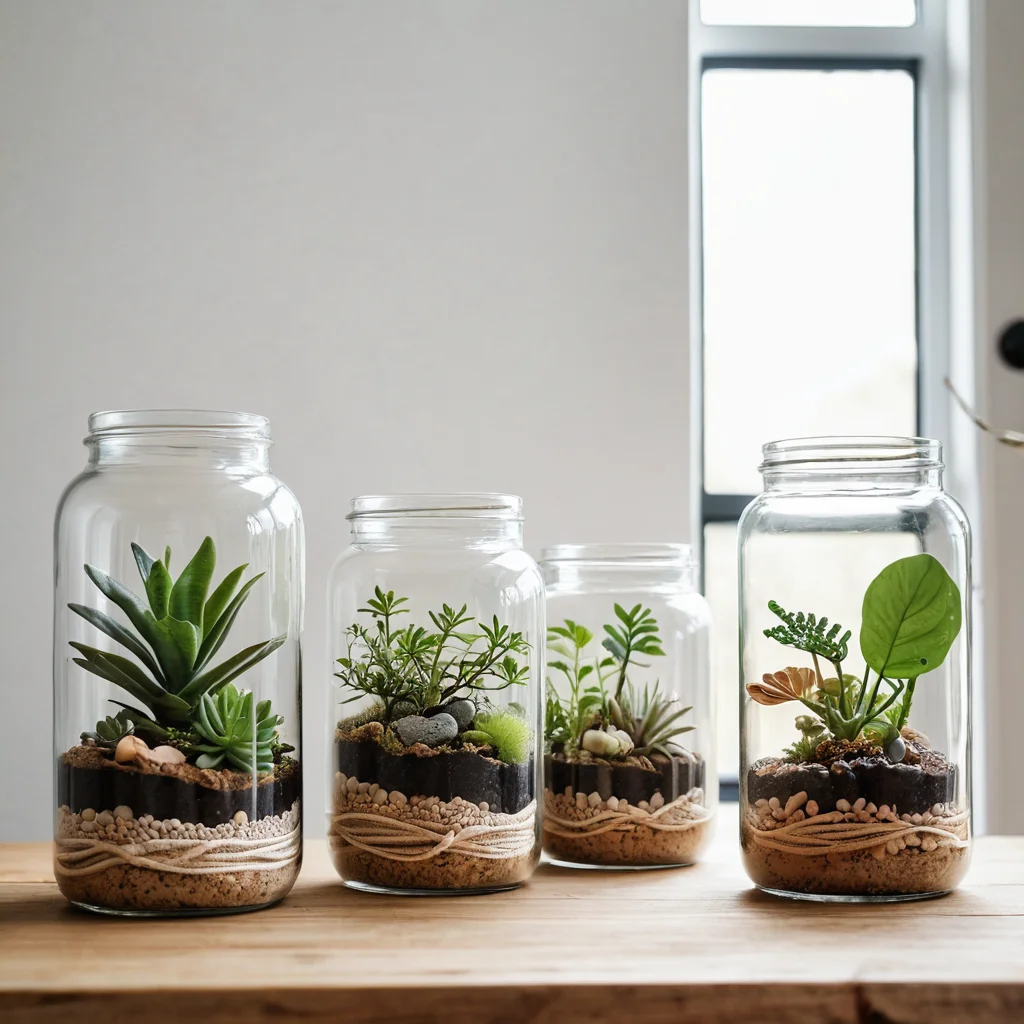 Коллекция флорариумов в банках, каждый оформлен в уникальном стиле: минимализм, бохо с макраме и рустик с деревом, показывая идеи адаптации бюджетного декора под различные интерьерные решения.