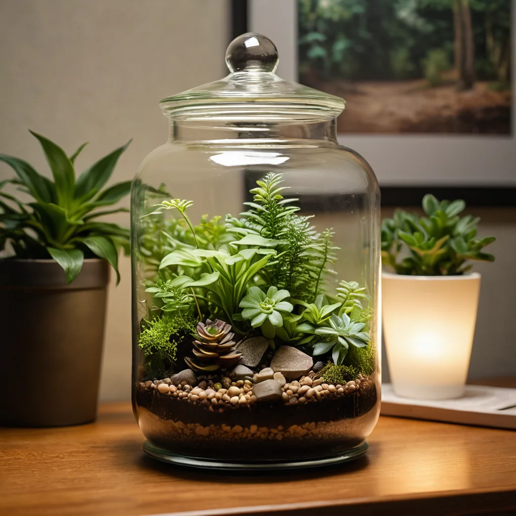 Волшебный флорариум в светящейся банке, стоящий на уютном журнальном столике, символизирующий магию преображения дома своими руками и создающий теплую, вдохновляющую атмосферу.