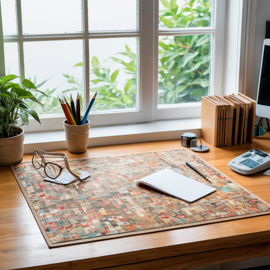 Идеально организованное и чистое рабочее место мастера декупажа, с хорошим освещением от окна, защитным ковриком и необходимыми материалами, подчеркивающее важность подготовки и безопасности.