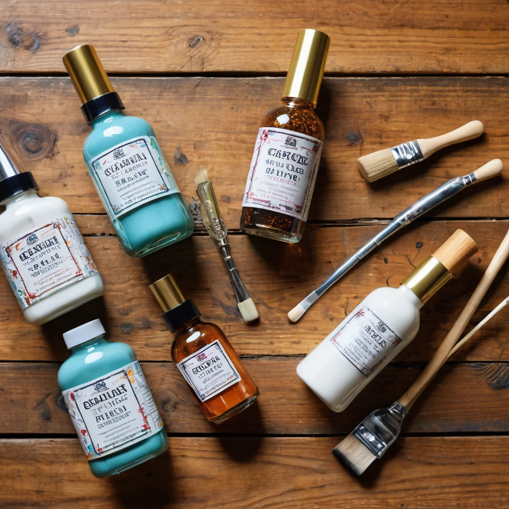 Вид сверху на аккуратно разложенные материалы и инструменты для кракелюра в декупаже: баночки с кракелюрным лаком, кисти, деревянная заготовка, декупажные карты и клей на рабочем столе.