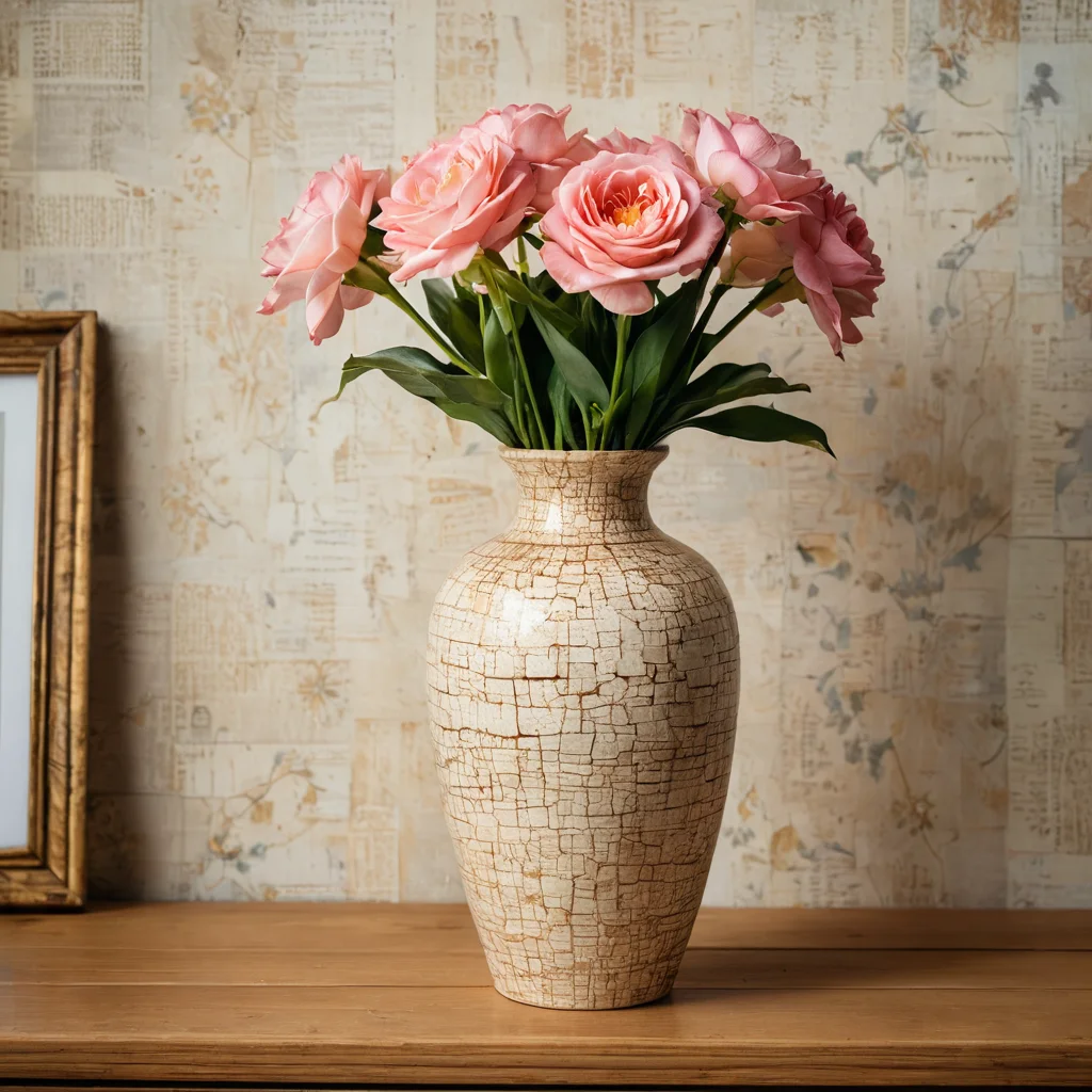 Элегантная декупажная ваза с эффектным кракелюром, стоящая на деревянной полке в уютном домашнем интерьере, символизирующая бережный уход за изделиями и сохранение их винтажной красоты.