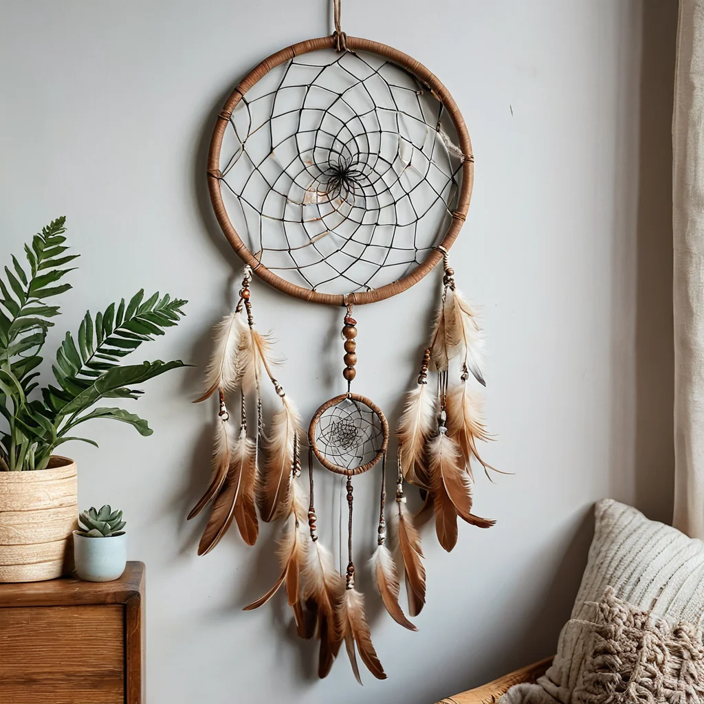 Изображение ловца снов с типичными ошибками новичков: неровное плетение, хаотичное расположение элементов и неудачные цветовые сочетания, что позволяет читателям учиться на чужом опыте и избегать подобных промахов при создании своего декора.