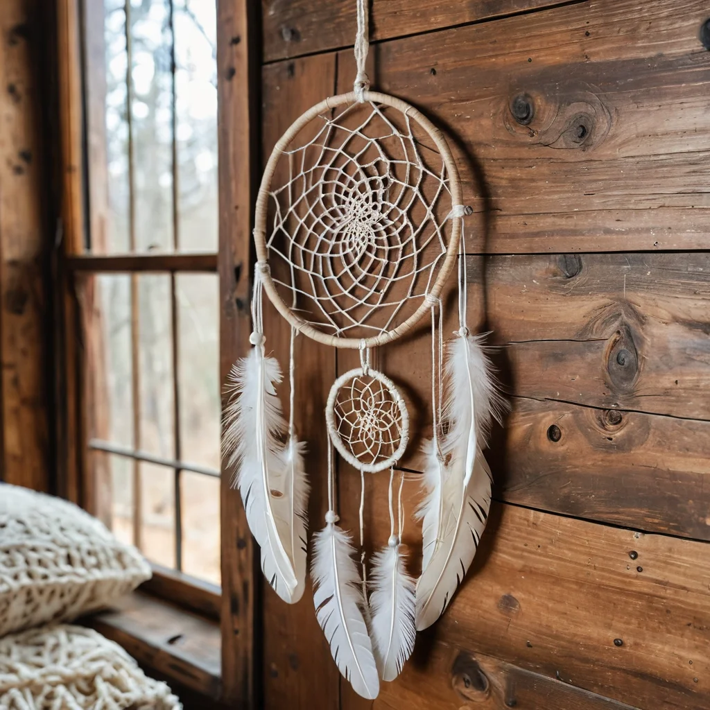 Набор бюджетных материалов для создания ловца снов, включающий нитки, обрезки ткани, перья, бусины и природные ветки, разложенные на деревянной поверхности, подчеркивает возможность создания красивого декора без лишних затрат.