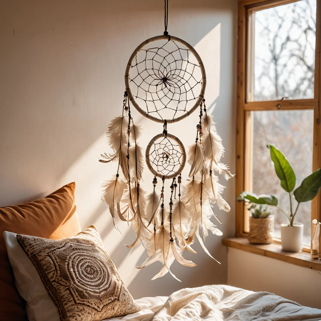 Эстетичный ловец снов ручной работы, украшающий уютную спальню, демонстрирует красоту и экономичность DIY-декора для дома, создавая атмосферу уюта и гармонии.