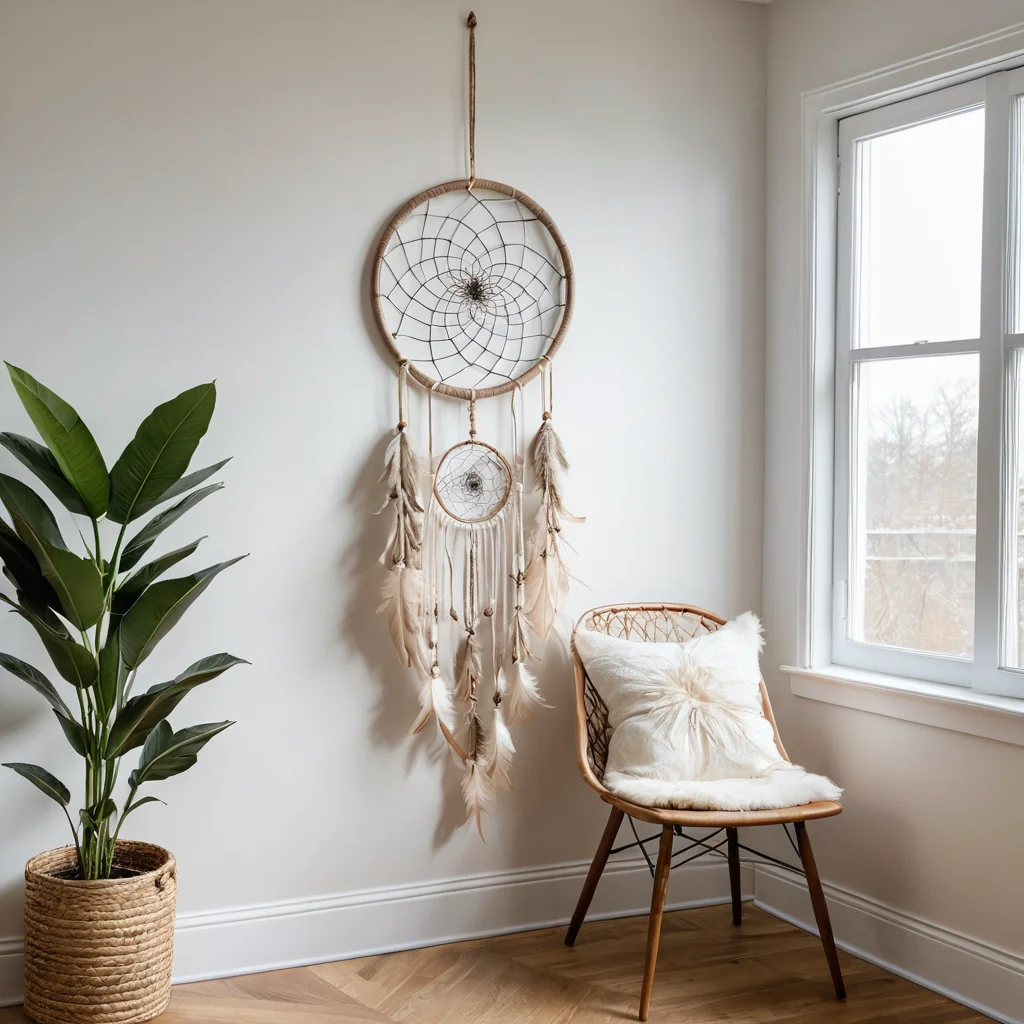 Стильный ловец снов в нейтральных тонах с утонченными деталями и природными текстурами, демонстрирующий, как избежать вида 'дешевой поделки' и создать изысканный элемент декора для дома своими руками.