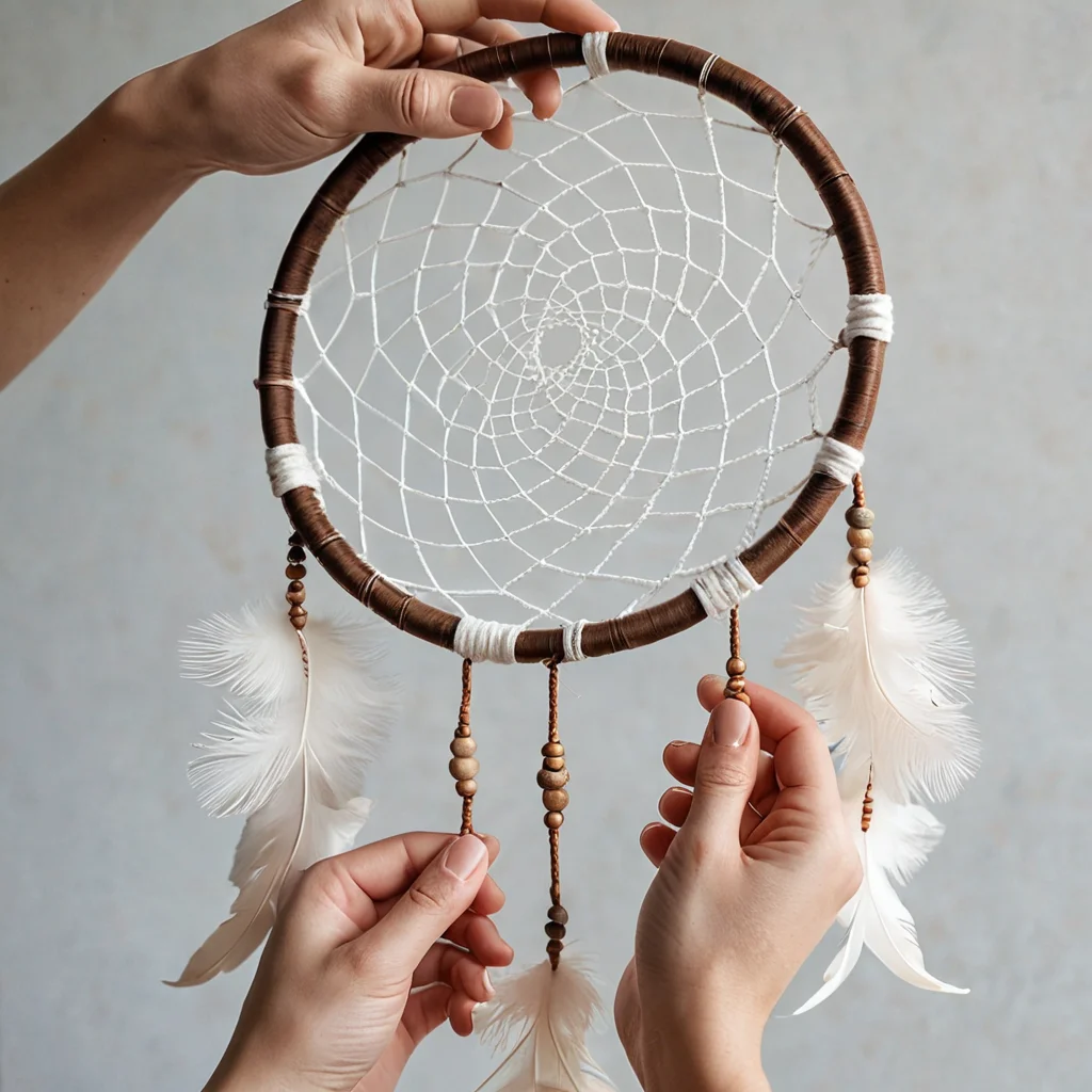 Крупный план рук, аккуратно плетущих паутину ловца снов из ниток на деревянном кольце, иллюстрирует пошаговый процесс создания ловца снов для начинающих мастеров, акцентируя внимание на деталях ручной работы.