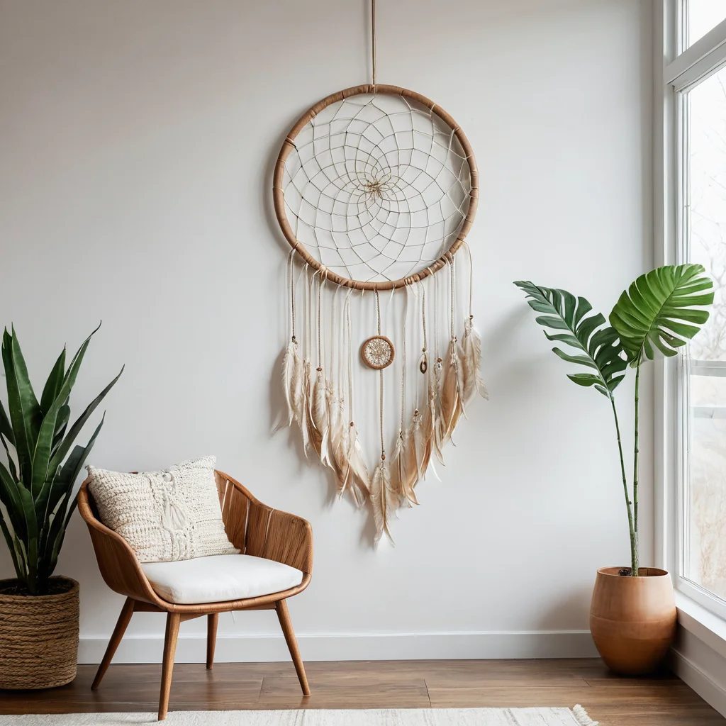 Универсальный ловец снов, органично вписанный как в минималистичный, так и в бохо-интерьер, демонстрирует идеи адаптации этого декоративного элемента под различные стили домашнего пространства, от современного до уютного.