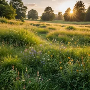 Пышный луговой газон, усыпанный яркими полевыми цветами и разнообразными травами, залитый теплым светом золотого часа, создающий безмятежную и естественную атмосферу.