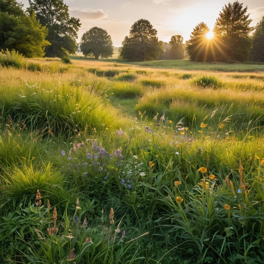 Пышный луговой газон, усыпанный яркими полевыми цветами и разнообразными травами, залитый теплым светом золотого часа, создающий безмятежную и естественную атмосферу.
