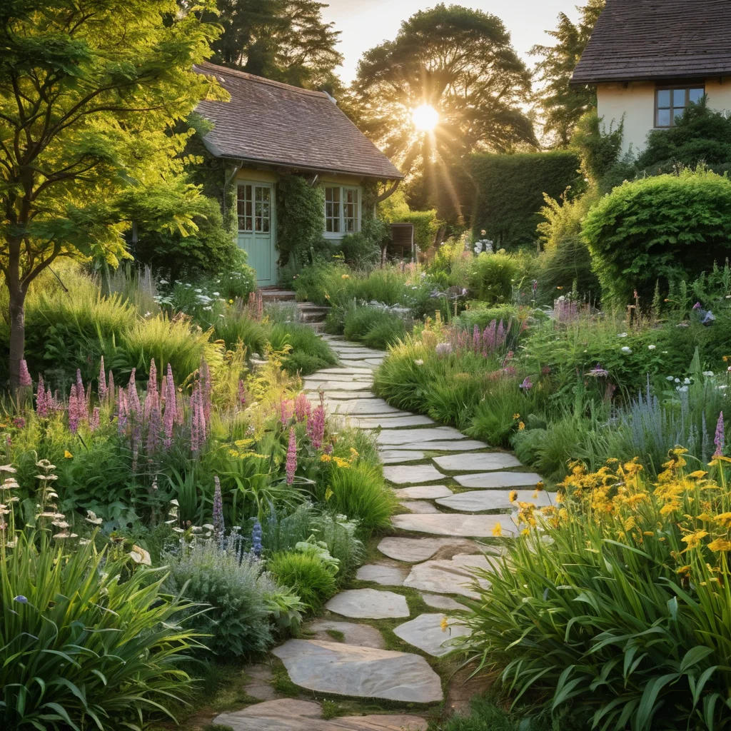 Луговой газон как элемент ландшафтного дизайна: живописный участок с плавной тропинкой, цветочными бордюрами и пышной зеленью, в стиле коттеджного сада, создающий умиротворяющий вид.