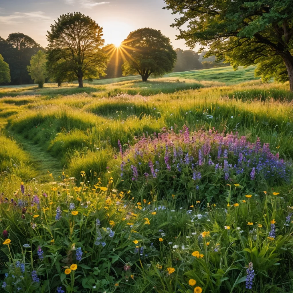 Сравнительное изображение: слева - пышный, разнообразный луговой газон с полевыми цветами, справа - аккуратно подстриженный традиционный газон, подчеркивающее контраст и природную красоту.