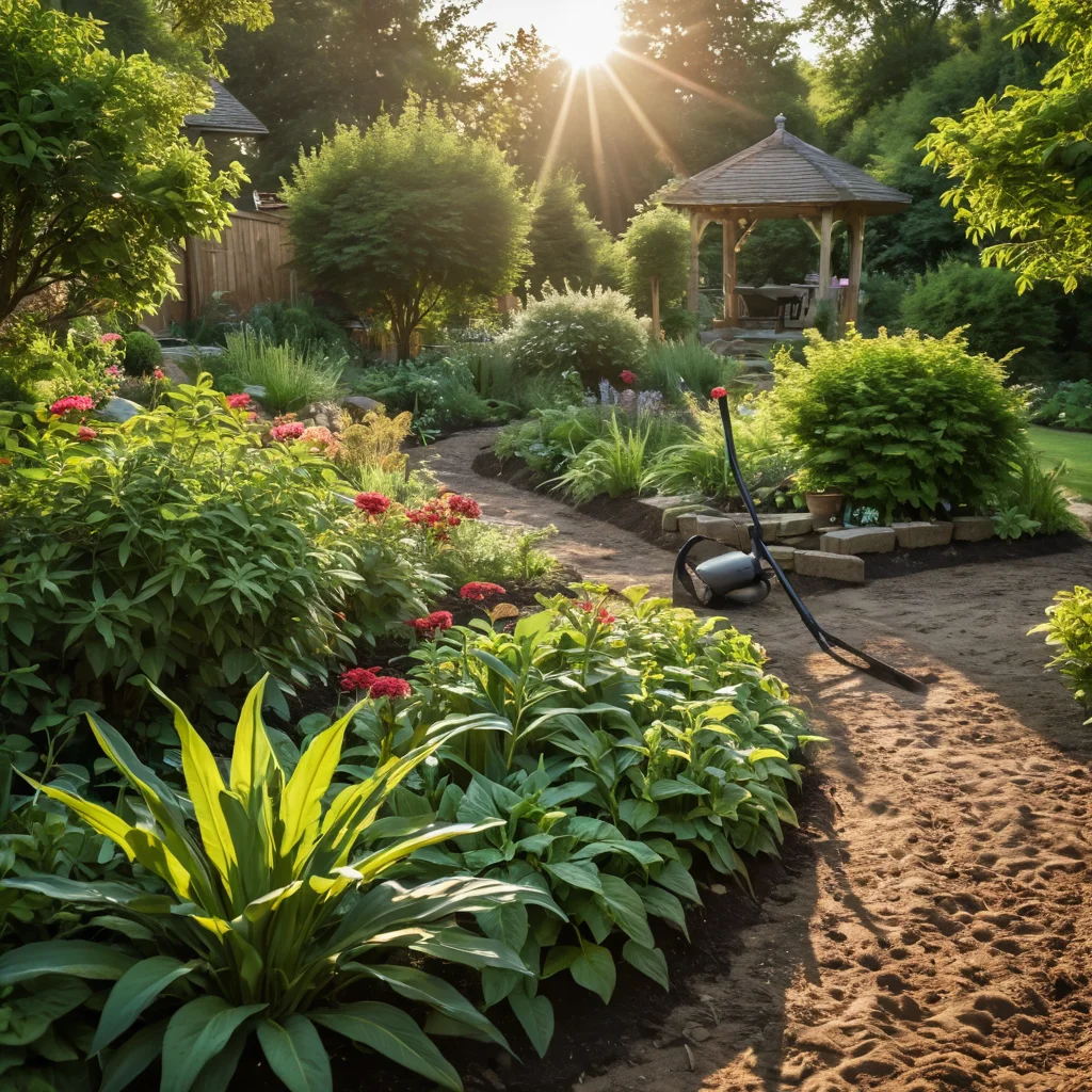 Садовая площадка, готовящаяся под создание лугового газона: крупный план процесса подготовки почвы, разравнивания граблями и очистки участка, с естественным освещением.