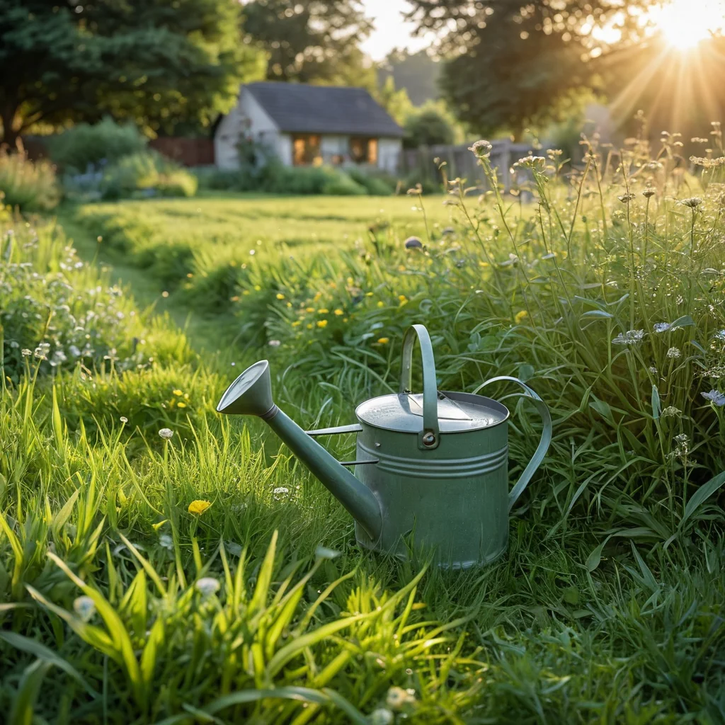 Забота о луговом газоне: мягкий полив из лейки, капли росы на траве и цветах, символизирующие здоровый уход и органическое садоводство.
