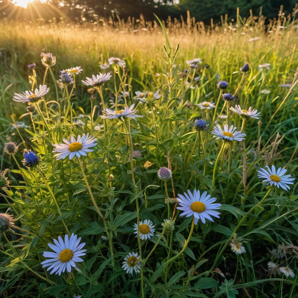 Крупный план смеси семян для лугового газона, включающей полевые цветы, клевер и злаки, с высокой детализацией и естественными цветами.
